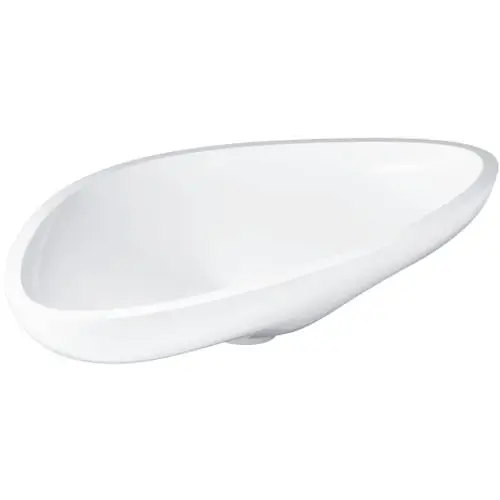 Weißer, ovaler Waschtisch mit geschwungener Form und glatter Oberfläche, für modernes Badezimmerdesign geeignet.